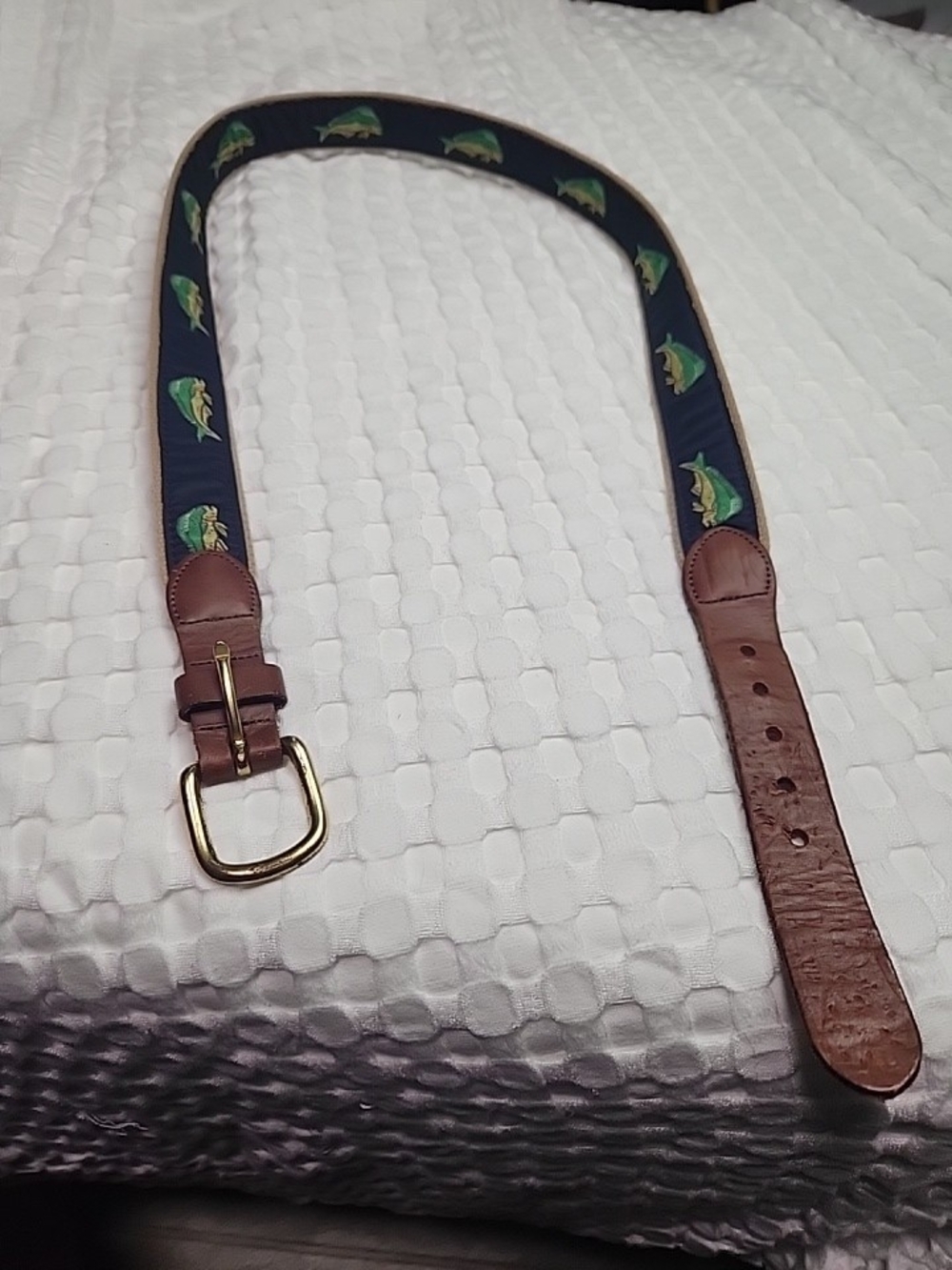 Men's Leather Made Ltd. Navy Fish Webbed Belt with Brown Leather Trim Sz 38